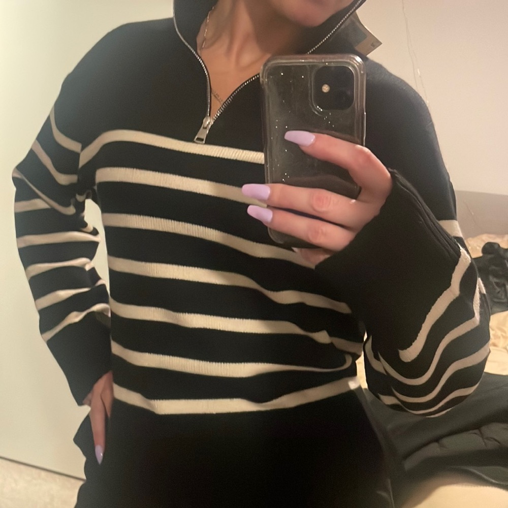 Zara Sweater Pull-Over Silver Zipper Turtleneck Black/White Zebra Stripes